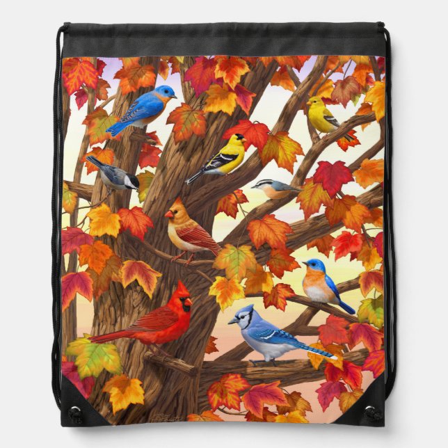 Wild Song Birds in Autumn Maple Tree Drawstring Bag (Front)