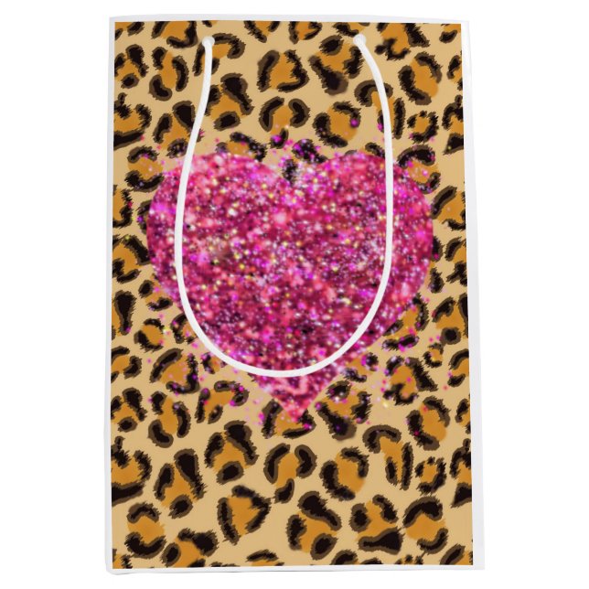 Wild sparkling pink Hearts and Leopard print Medium Gift Bag (Front)