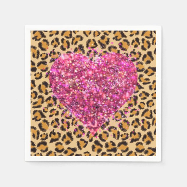 Wild sparkling pink Hearts and Leopard print Napkins (Front)