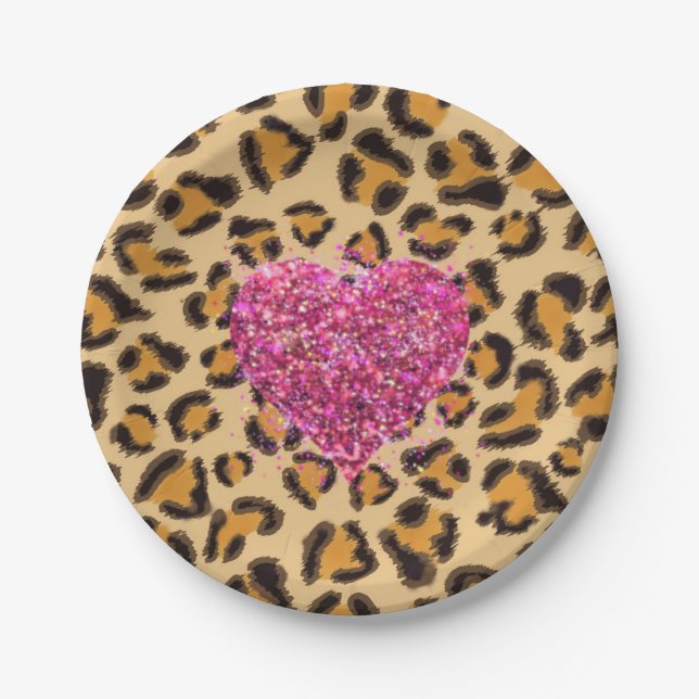 Wild sparkling pink Hearts and Leopard print Paper Plates (Front)