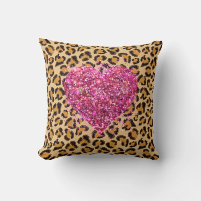 Wild sparkling pink Hearts and Leopard print Throw Pillow (Front)