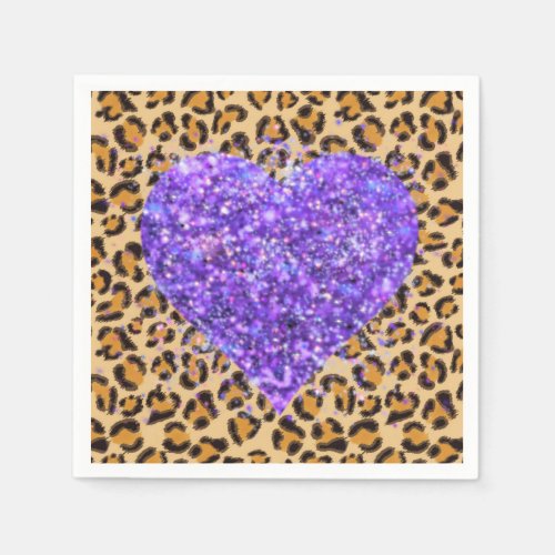 Wild sparkling purple Hearts and Leopard print Napkins