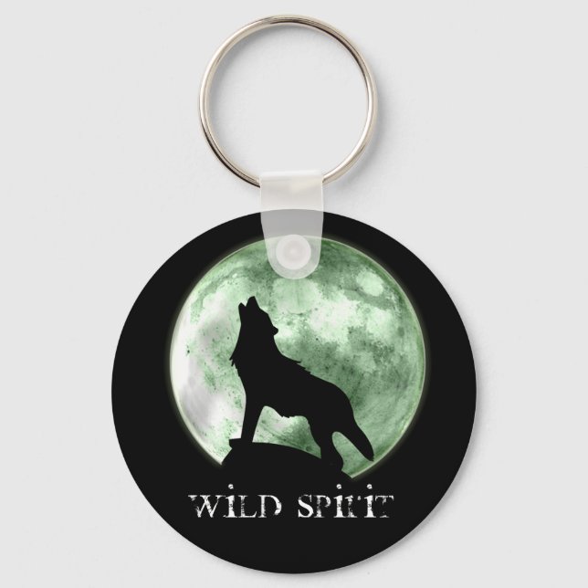 "Wild Spirit" Howling Wolf (Green) Keychain (Front)