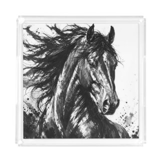 Wild Spirit in Ink | Black and White Horse Art Acrylic Tray