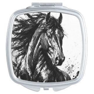 Wild Spirit in Ink | Black and White Horse Art Compact Mirror