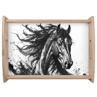 Wild Spirit in Ink | Black and White Horse Art Serving Tray