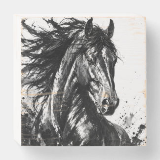 Wild Spirit in Ink | Black and White Horse Art Wooden Box Sign