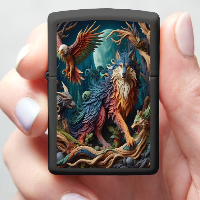 Wild Spirit: Wolf and Birds Zippo Lighter (In Hand)