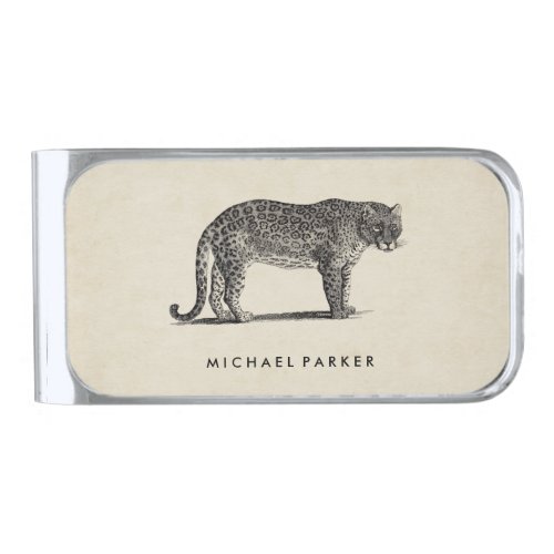 Wild Spotted Panther on Antique Paper Look Silver Finish Money Clip