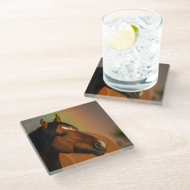 Wild Stallion, Golden Light and Rainbow Glass Coaster (Angled)