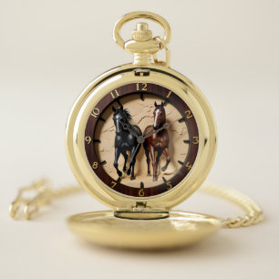 Wild Stallions Canyon Faux Wood Pocket Watch