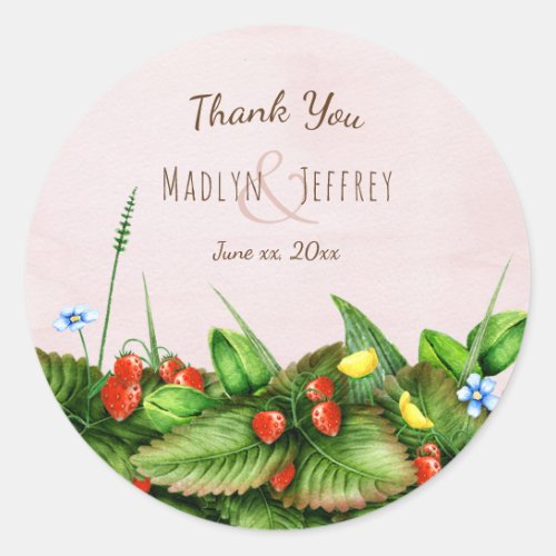 Wild strawberries meadow flowers blush thank you classic round sticker