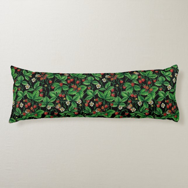 Wild strawberries on black body pillow (Front)