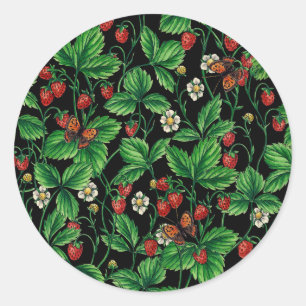 Wild strawberries on black classic round sticker