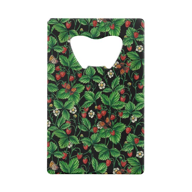 Wild strawberries on black credit card bottle opener (Front)