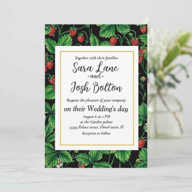 Wild strawberries on black invitation (Standing Front)