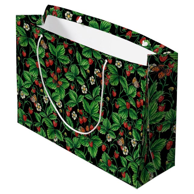 Wild strawberries on black large gift bag (Back Angled)
