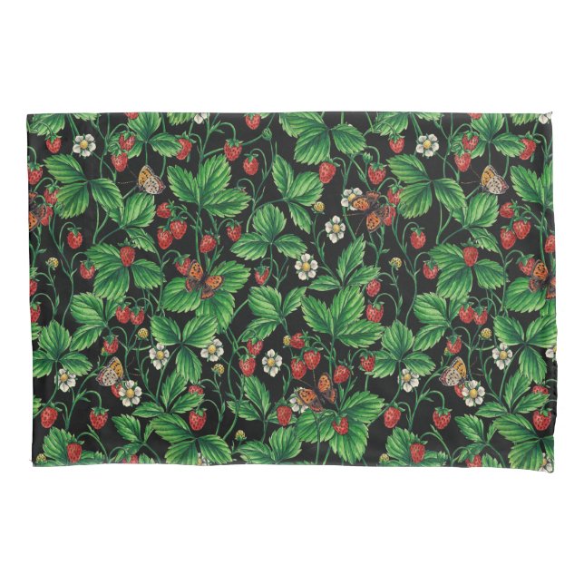 Wild strawberries on black pillow case (Front-Left)