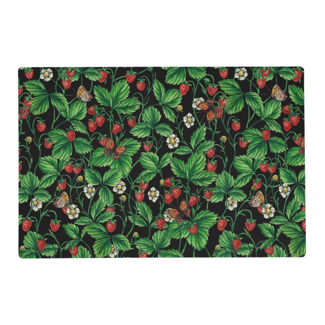 Wild strawberries on black placemat (Front)