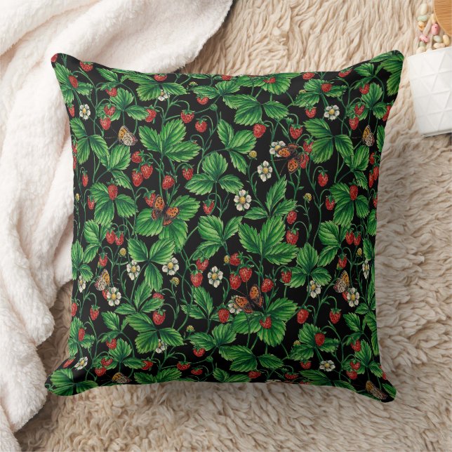 Wild strawberries on black throw pillow (Blanket)