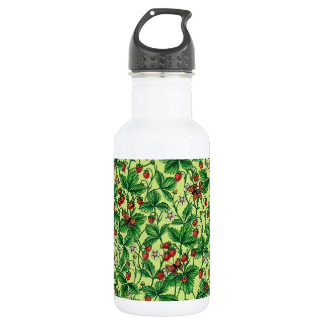 Wild strawberries on honeydew stainless steel water bottle (Front)