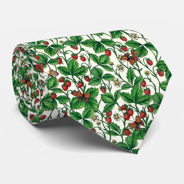 Wild strawberries on off white neck tie (Rolled)