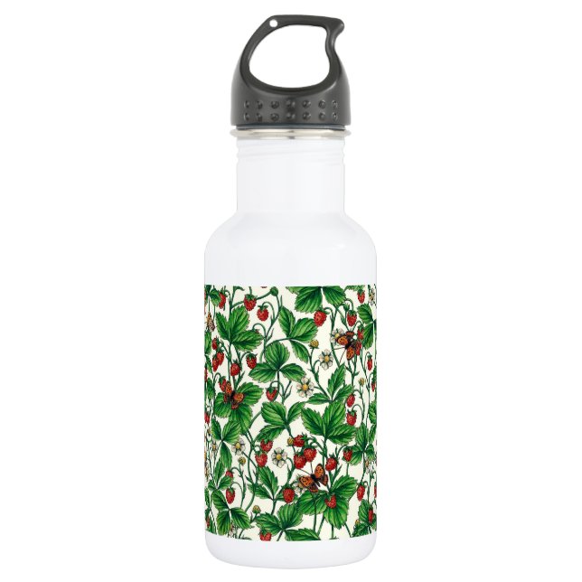 Wild strawberries on off white stainless steel water bottle (Front)