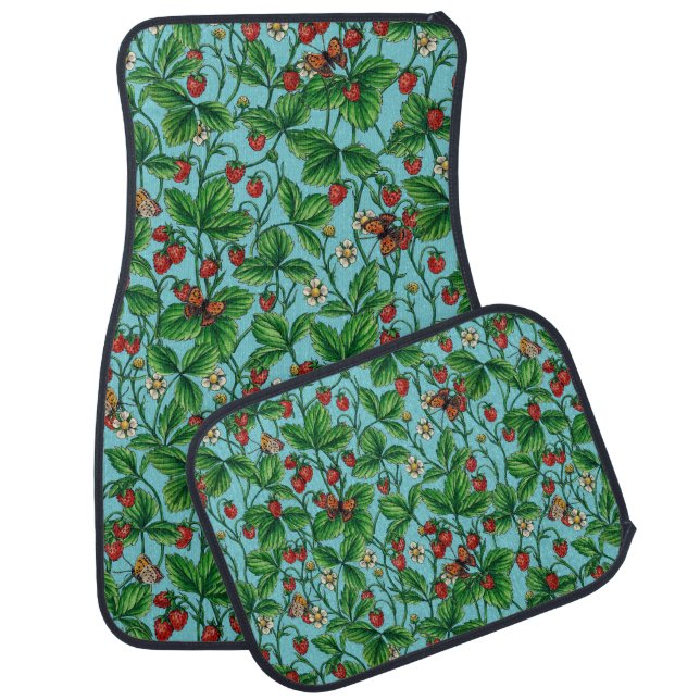 Wild strawberries on pool blue car floor mat (Set)
