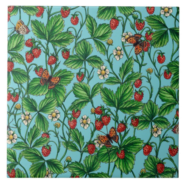 Wild strawberries on pool blue ceramic tile (Front)