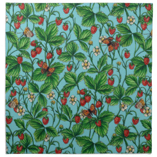Wild strawberries on pool blue cloth napkin