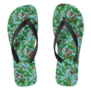 Wild strawberries on pool blue flip flops