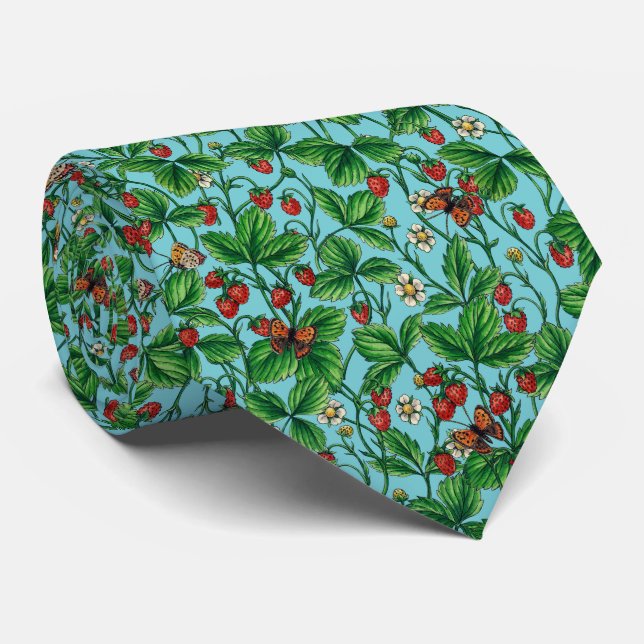 Wild strawberries on pool blue neck tie (Rolled)
