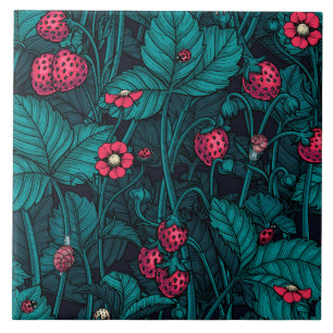 Wild strawberries, red and blue ceramic tile
