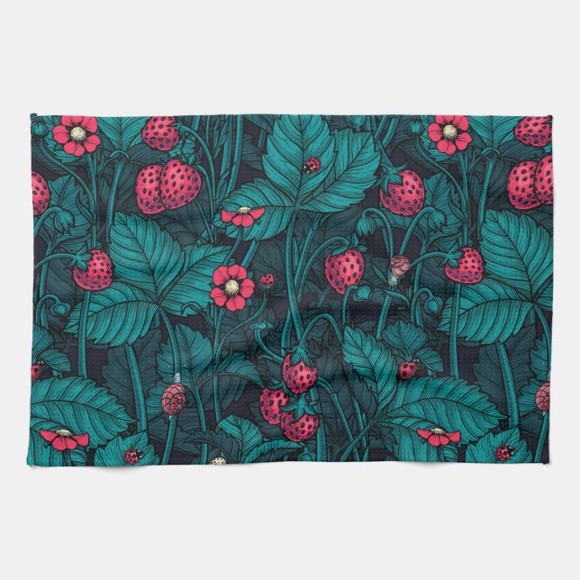 Wild strawberries, red and blue kitchen towel (Horizontal)