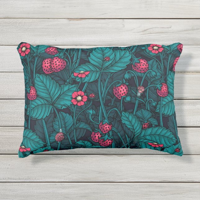 Wild strawberries, red and blue outdoor pillow (Front)