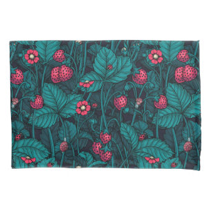 Wild strawberries, red and blue pillow case