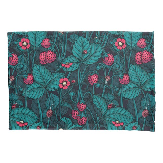 Wild strawberries, red and blue pillow case (Front-Left)