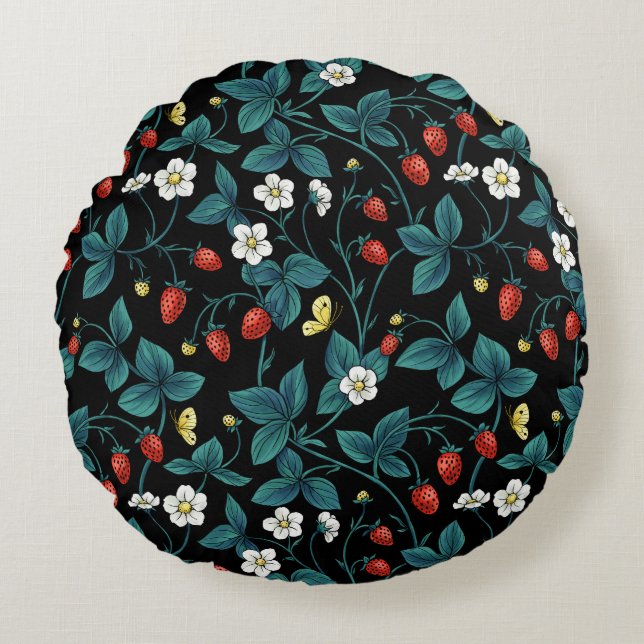 Wild strawberries red/yellow/blue/black round pillow (Front)
