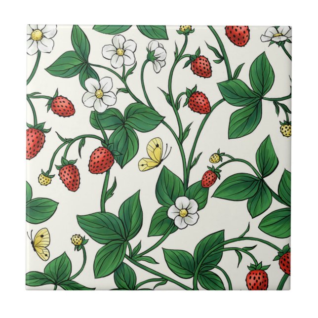 Wild strawberries red/yellow/green/off white ceramic tile (Front)