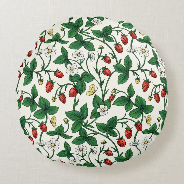 Wild strawberries red/yellow/green/off white round pillow (Front)