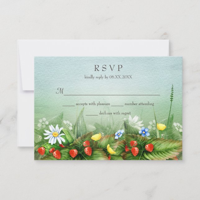 Wild strawberries wildflowers meadow blue sky RSVP (Front)