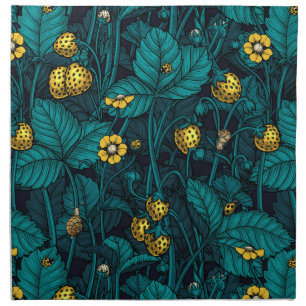 Wild strawberries, yellow and blue cloth napkin