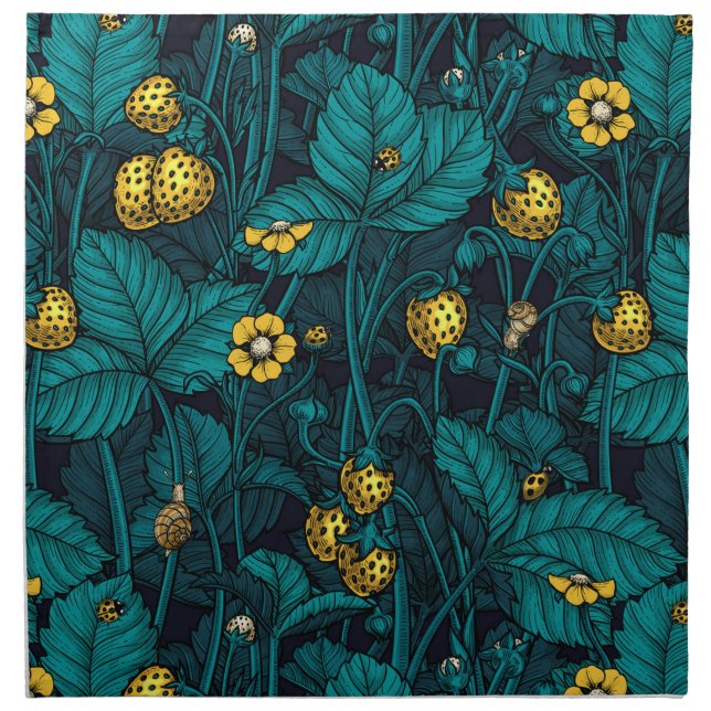 Wild strawberries, yellow and blue cloth napkin (Front)