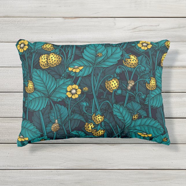 Wild strawberries, yellow and blue outdoor pillow (Front)