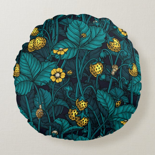 Wild strawberries, yellow and blue round pillow (Front)