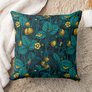 Wild strawberries, yellow and blue throw pillow