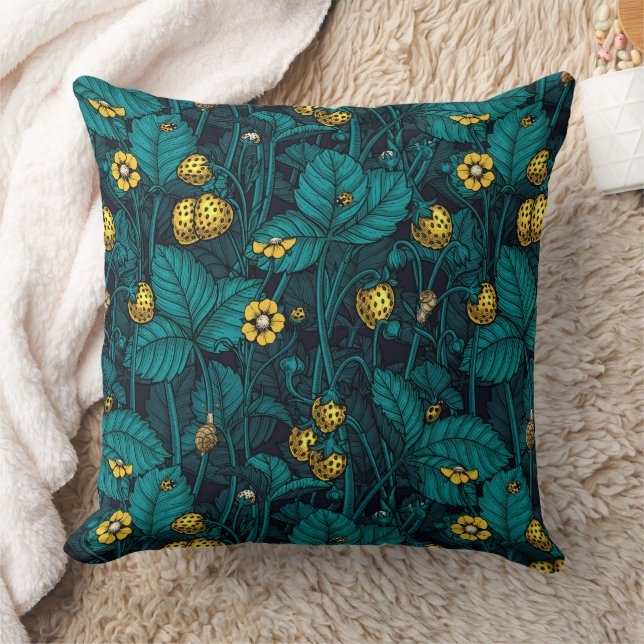 Wild strawberries, yellow and blue throw pillow (Blanket)