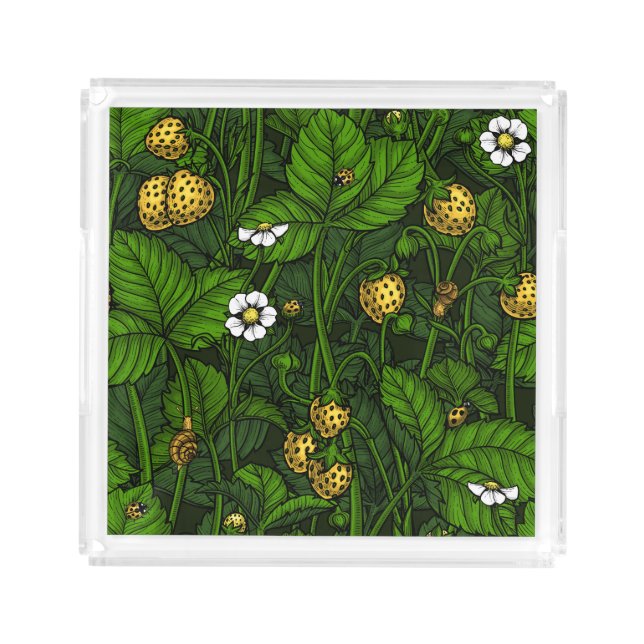 Wild strawberries, yellow and green acrylic tray (Front)