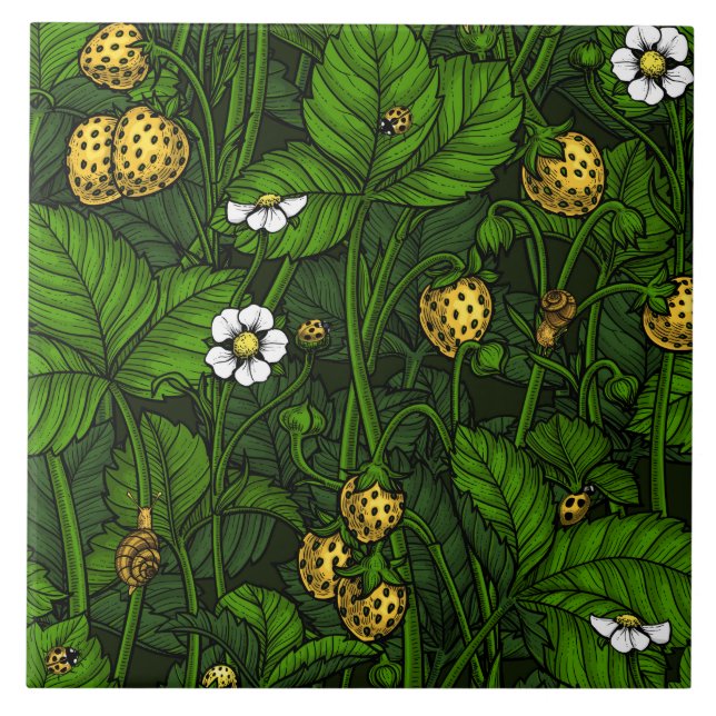 Wild strawberries, yellow and green ceramic tile (Front)