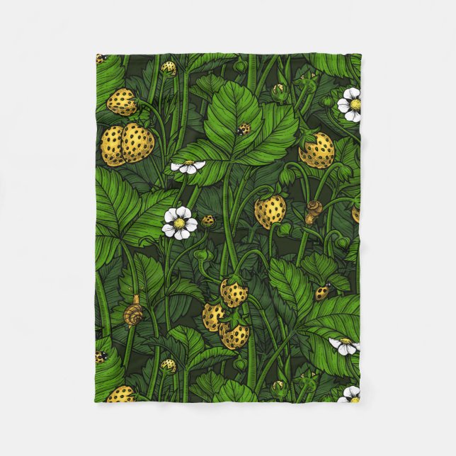 Wild strawberries, yellow and green fleece blanket (Front)
